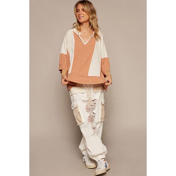 POL Notched Neck Frayed Edge Contrast Oversize Short Sleeves Top | Natural/Topaz - Picture 6 of 6